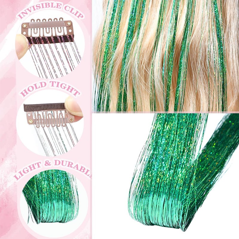 EROADE Hair Tinsel Clip in 12 Pcs Green Hair Tinsel Kit for Girls 22 Inch Glitter Fairy Tinsel Hair Extensions Colorful Heat Resistant Party Festival Accessories for Women Kids (green) - Image 2